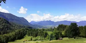 Das Bild zeigt die Aussicht auf eine grüne Wiese und Berge in der nähe des Hotels Alpenblick, Fasten nach Buchinger