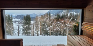 Ausblick aus der Sauna im Alpen-Spa des Hotel Sperlhof. Highlight eines Fastenkurses mit Klaudia Molner.