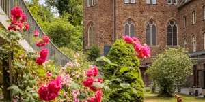 Das Bild zeigt den Klostergarten Waldbreitbach mit blühenden Blumen, Fasten nach Buchinger und Basenfasten